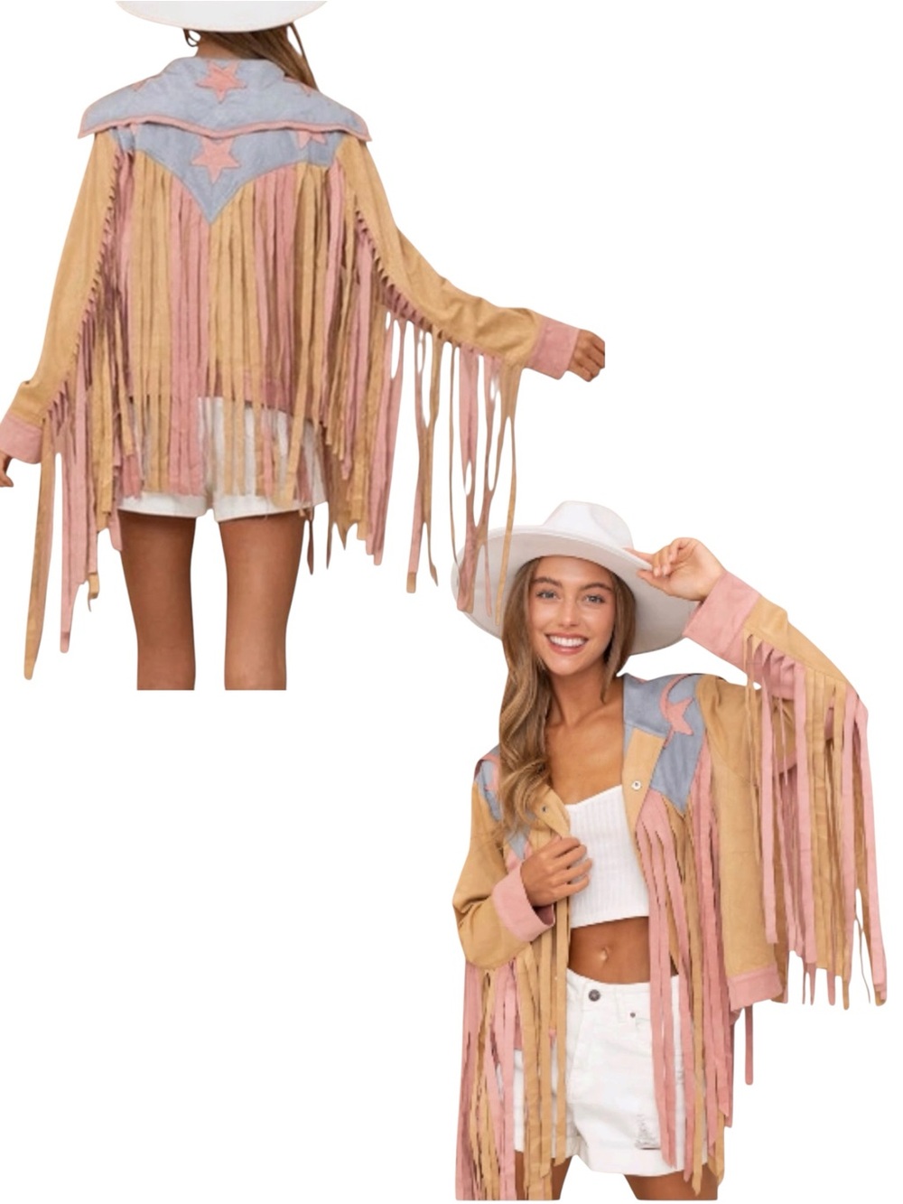 NEW Blue b Light Pink Star Tan Faux Suede Allover Long Fringe Western Jacket